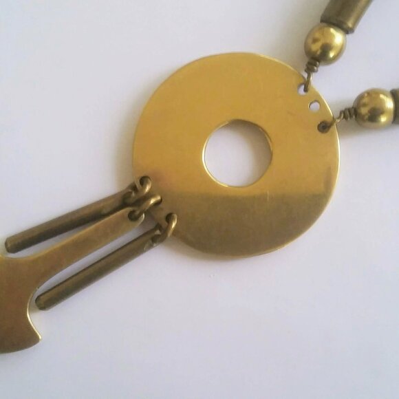 VINTAGE🌻Mid-century 70's ARTISAN BRASS ENAMEL INLAY CHOCKER NECKLACE - Picture 3 of 6